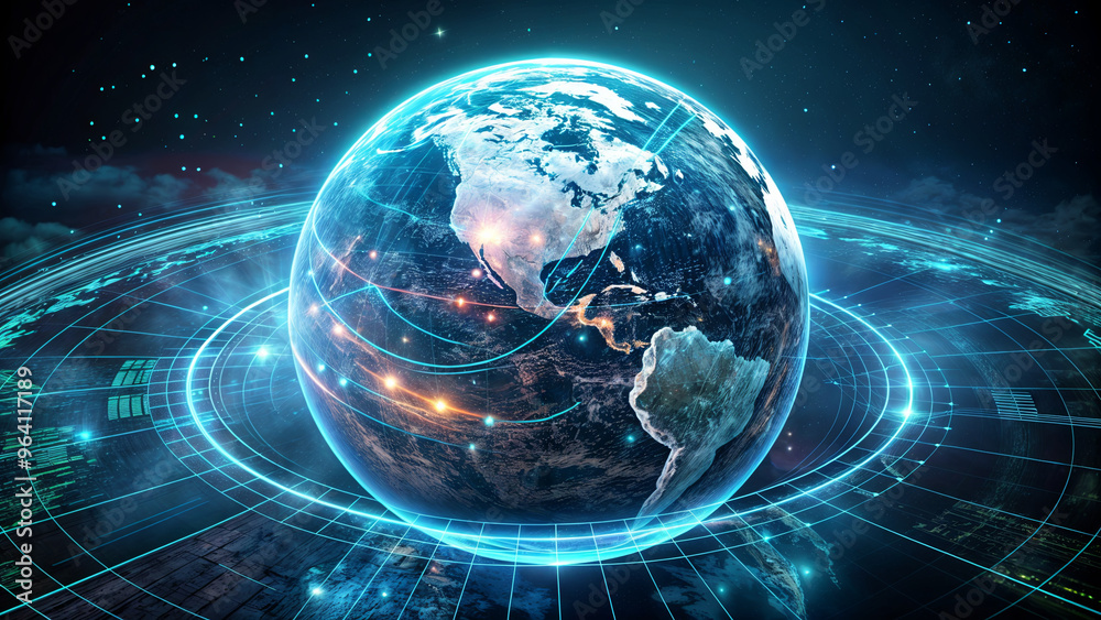 Poster a digital depiction of earth surrounded by luminous grid lines and data connections, showcasing a hi