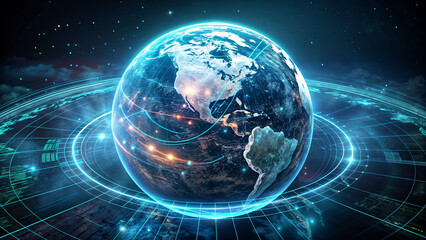 A digital depiction of Earth surrounded by luminous grid lines and data connections, showcasing a high-tech view of the planet in a starry space environment