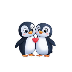 Fototapeta premium A pair of cute cartoon penguins holding a heart, symbolizing love and friendship in a cheerful, whimsical style.