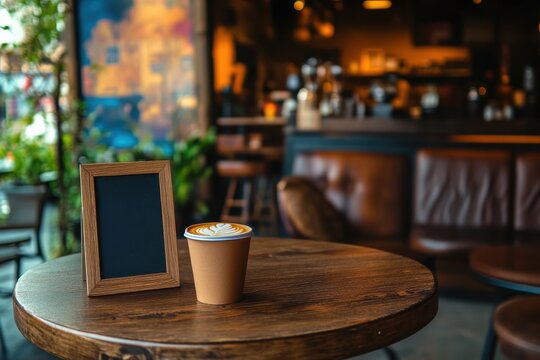 Cozy coffee shop ambiance with latte art empty menu board