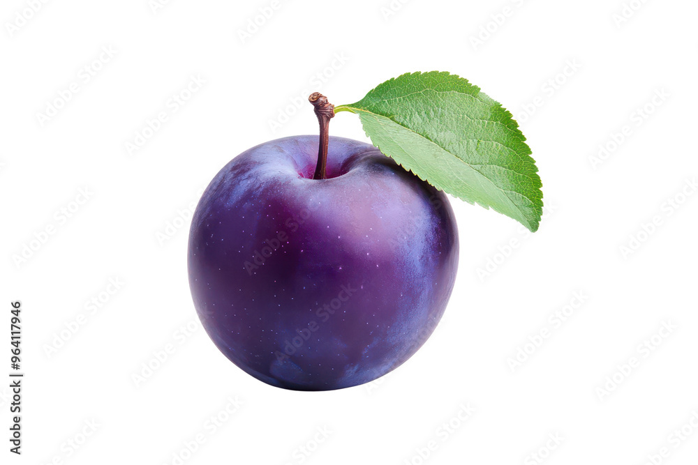 Wall mural A ripe purple plum with a green leaf, showcasing its natural beauty and freshness, perfect for food and health themes.