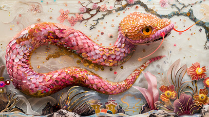 Obraz premium Pink snake in a blooming garden