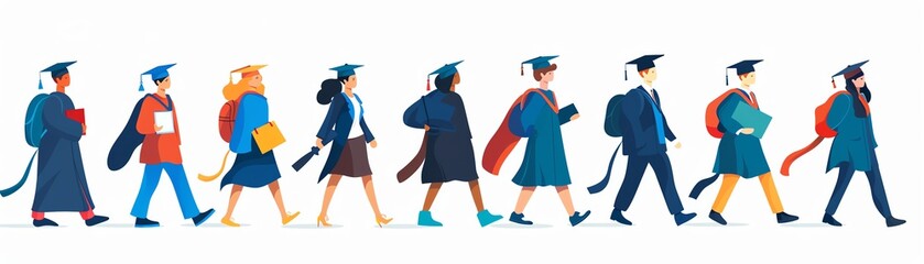Academic procession, students marching, flat design illustration