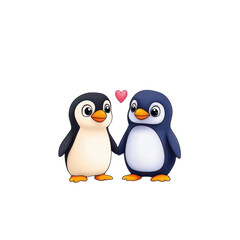 Fototapeta premium Adorable cartoon penguins holding flippers with a heart above, symbolizing love and friendship in a playful style.