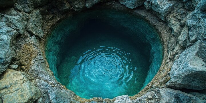 A deep circular well reveals clear water amidst rocky surroundings