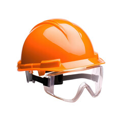 An orange hard hat with safety glasses, essential for construction and industrial safety equipment.