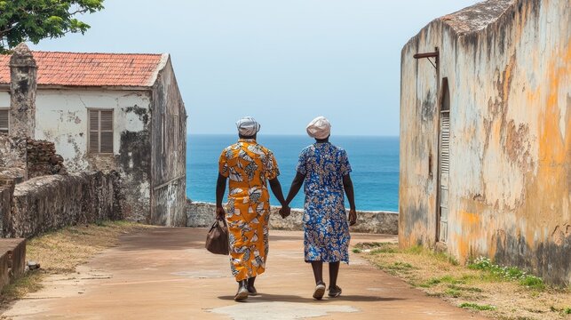 Love in the Shadows of History: Senegalese Couple Strolling Hand in Hand on Goree Island with Ocean View