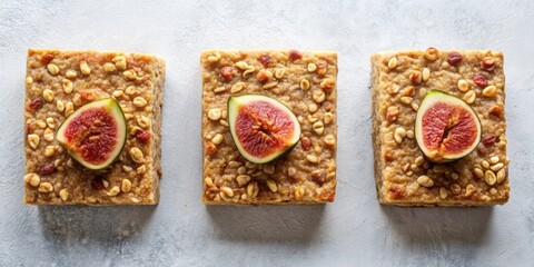 Fototapeta premium Three oatmeal fig dessert squares arranged in a top view studio shot with copy space available