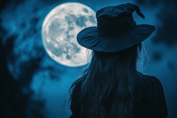 A witch stands alone, admiring the bright full moon in a serene twilight atmosphere