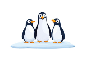 Obraz premium Three cute cartoon penguins standing on an ice floe, showcasing their playful nature in a vibrant, animated style.