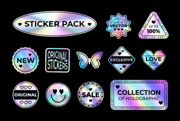 Holographic stickers. Stickerpack with emblems with different inscriptions shimmering with rainbow gradient.