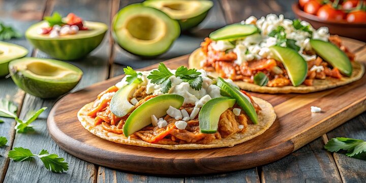 Delicious chicken tinga tostadas topped with cheese and avocado, traditional Mexican cuisine