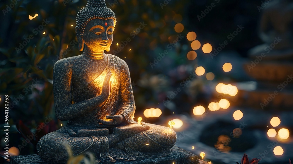 Poster Buddha statue glowing with light in a serene garden setting.