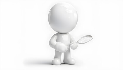 3D rendering of a cartoonish white glossy humanoid character holding a tennis racket, standing in a minimalist environment, showcasing modern design and simplicity
