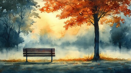 Obraz premium watercolor painting, with chairs and trees on the edge of the lake