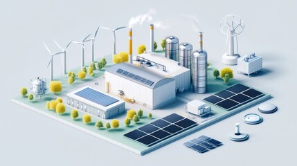Obraz premium isometric a hydrogen energy plant surrounded by wind turbines and solar panels, illustrating renewable energy harmony