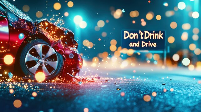 A car accident scene with two cars colliding on a road decorated with Christmas lights and a "Don't Drink and Drive" sign in the background.
