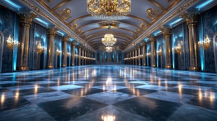 Naklejka premium A grand hallway with chandeliers hanging above a striking checkerboard floor.