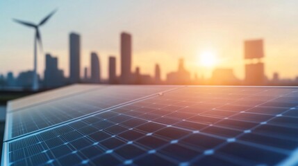 Futuristic city skyline with clean energy sources - Solar panels and wind turbines powering a modern urban environment