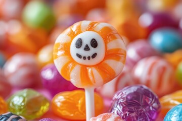 Naklejka premium Orange and white swirl lollipop with skull face standing out from colorful candy pile