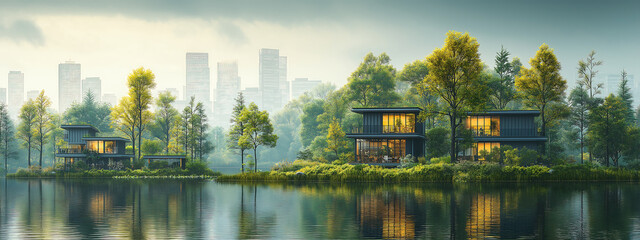 Modern urban structures like veranda and green spaces. Realistic cityscape in the background, with...