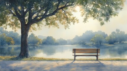 watercolor painting, with chairs and trees on the edge of the lake