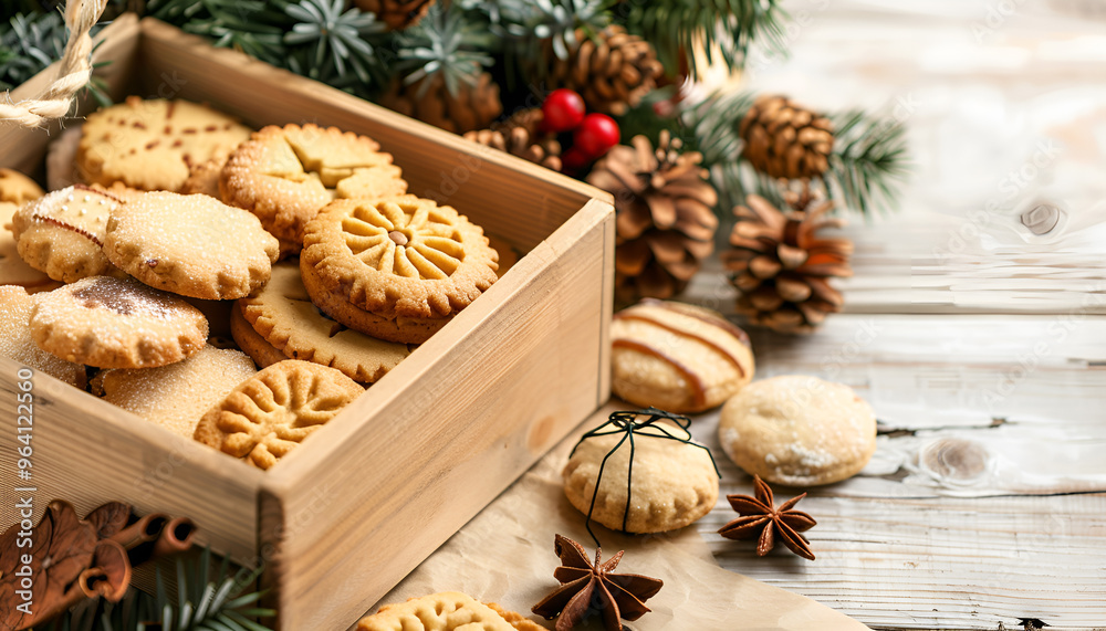 Canvas Prints box with tasty cookies and christmas decor on light wooden table