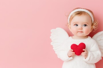 Fototapeta premium Blonde baby girl dressed as an angel, holding a red heart, with a pink background. Valentine's Day love concept.