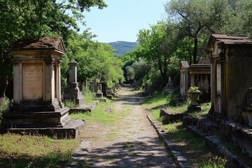 Old alley leading through cemetery lined with tombs and trees