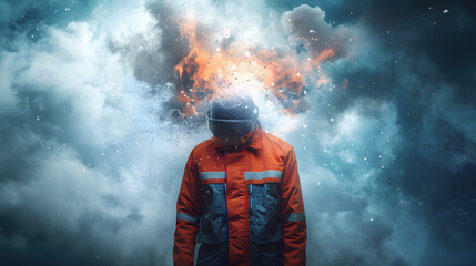 Fototapeta premium A firefighter with an exploding head and Symbolizing the concept of stress and mental health in emergency services. 