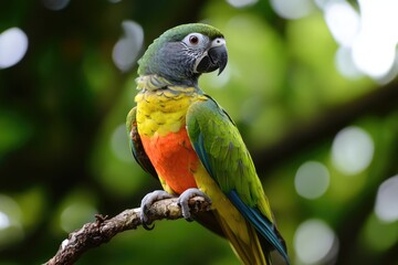 Beautiful colorful parrot perched on a branch in jungle