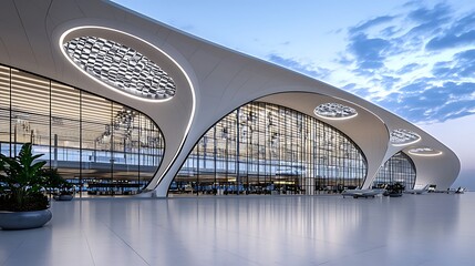Obraz premium A sleek airport terminal with a glass facade and circular skylights, showcasing modern design.