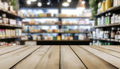 Fototapeta premium Empty White Marble Countertop with Blurred Pharmacy Drugstore Shelves Background 