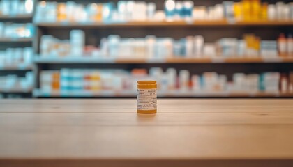 Empty White Marble Countertop with Blurred Pharmacy Drugstore Shelves Background

