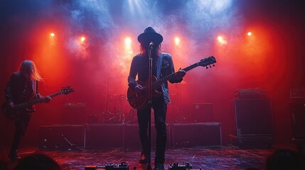 Rock band playing live music on stage with red and blue lights