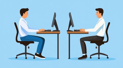 Two office workers showing good and bad posture while using computer at desk