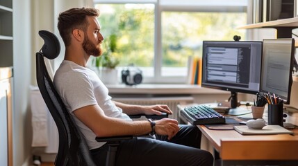 Focused software developer working remotely from home office