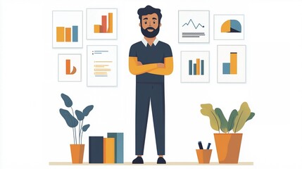 Office Worker with Graphs on Wall and Potted Plants, Dominant Colors of Orange and Green