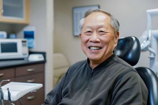 asian senior man smile and look his health teeth in dental clinic