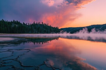Fototapeta premium Colorful sunset reflecting over yellowstone lake with mist rising from the water