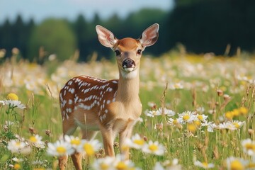 White-tailed deer fawn standing in field of yellow flowers