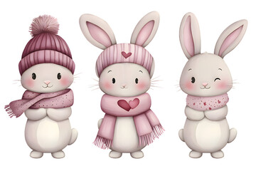 Cute adorable rabbit bunny collection with warm hat and scarf  isolated on transparent background