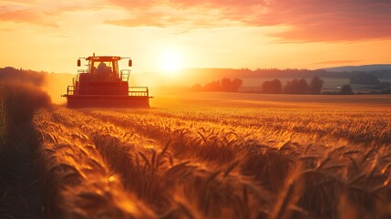 Fototapeta premium view Tractor Harvesting at Sunset