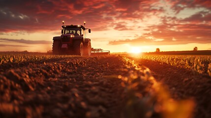 Fototapeta premium Tractor at Sunset on a Field