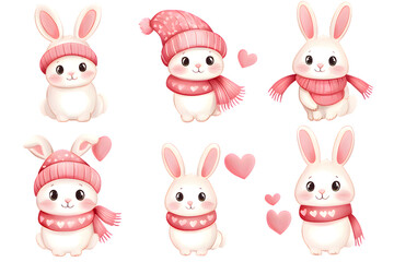 Cute adorable rabbit bunny collection with warm hat and scarf  isolated on transparent background