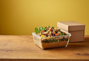 Vibrant Quinoa Salad with Vegetables in Glass Container on Mustard Yellow Background