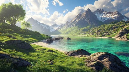 Fototapeta premium A scenic mountain landscape with crystal-clear sea and vibrant green grass, basking in the daytime sun with a bright sky in the background