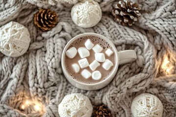 Fototapeta premium Top view of a cozy Christmas scene with a mug of hot cocoa, marshmallows, and a knit blanket