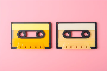 Obraz premium Colorful vintage cassette tapes on a pink background displaying retro nostalgia and music history from the 1980s and 1990s, perfect for a nostalgic touch in modern decor