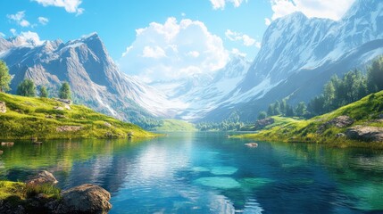 Fototapeta premium Beautiful mountain landscape with clear water, green grass, and a bright blue sky, creating a peaceful and serene daytime view